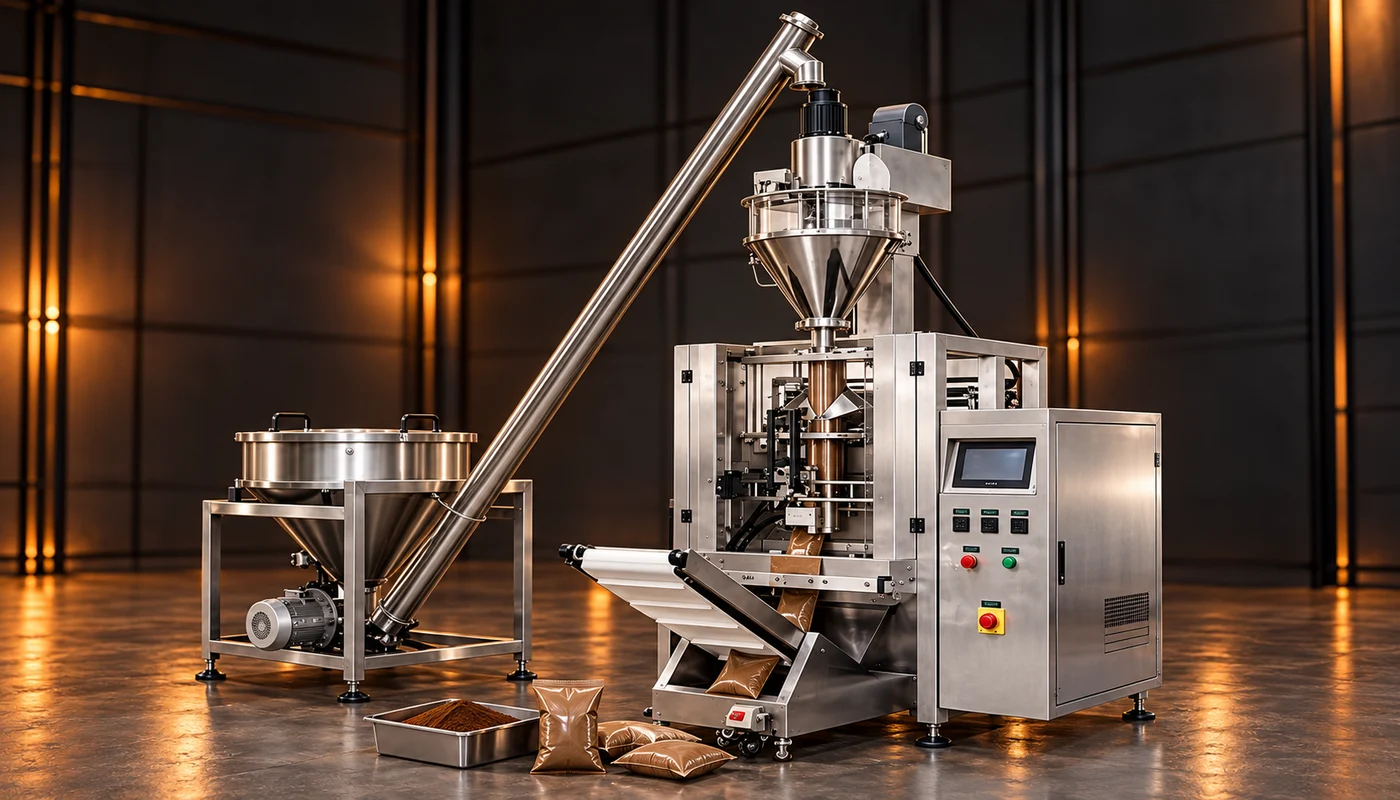 Illustrated powder packing process with screw feeder, auger dosing and sealed bags